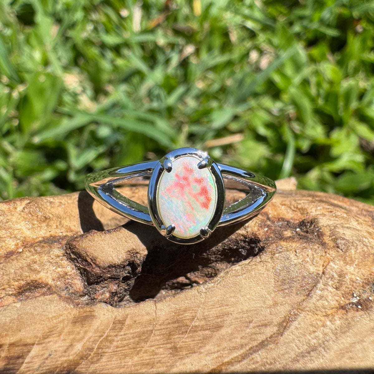 0.7ct Coober Pedy Opal Ring ~ 'Wolfe Creek Firelight' | 925 Sterling Silver | Solid Australian Opal