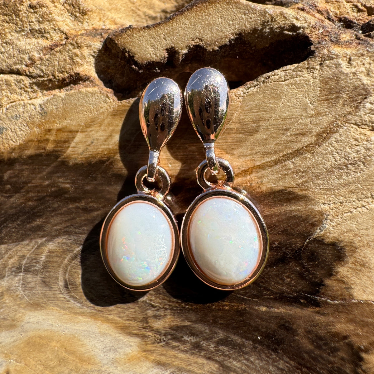 1.4ct Coober Pedy Opal Stud Drop Earrings ~ 'Kinchega Ember' | Rose Gold Coated 925 Sterling Silver | Solid Australian Opal