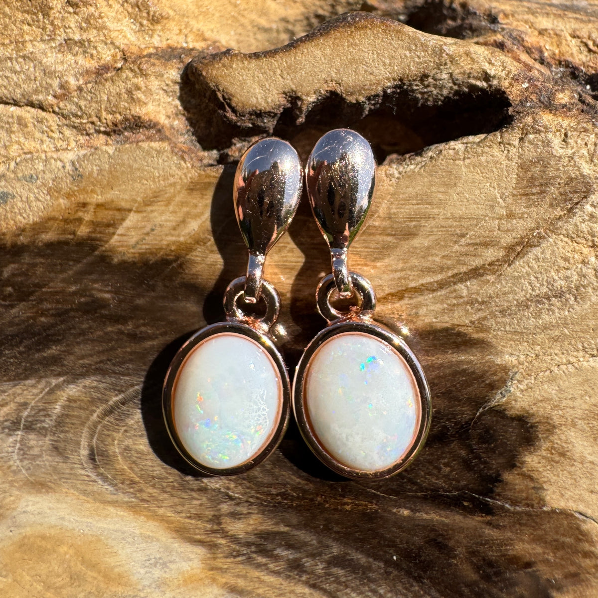 1.4ct Coober Pedy Opal Stud Drop Earrings ~ 'Kinchega Ember' | Rose Gold Coated 925 Sterling Silver | Solid Australian Opal