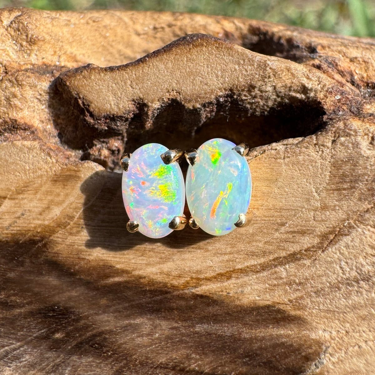 0.7ct Coober Pedy Opal Stud Earrings ~ 'Coolgardie Gold' | 14ct Yellow Gold | Solid Australian Opal