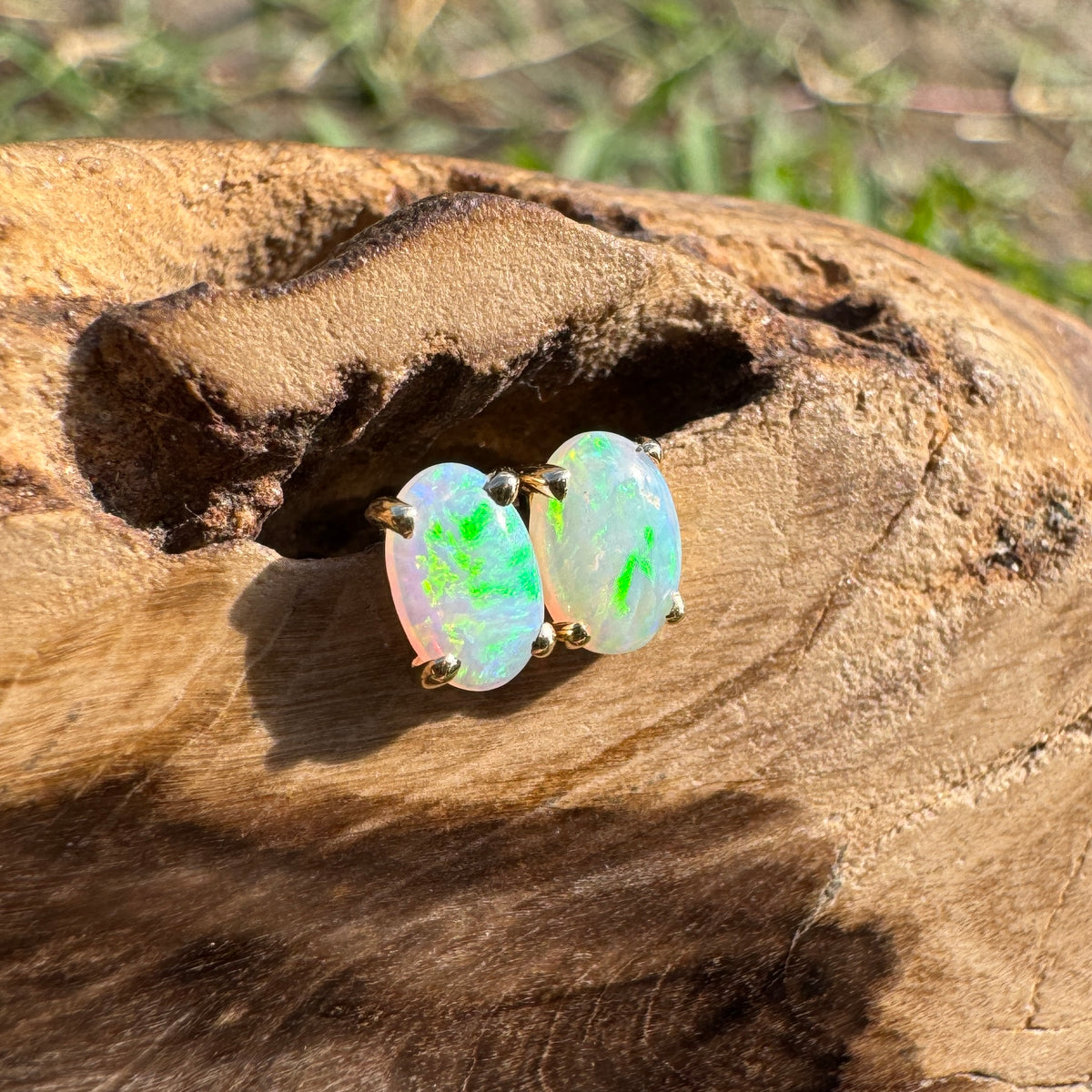 0.7ct Coober Pedy Opal Stud Earrings ~ 'Coolgardie Gold' | 14ct Yellow Gold | Solid Australian Opal