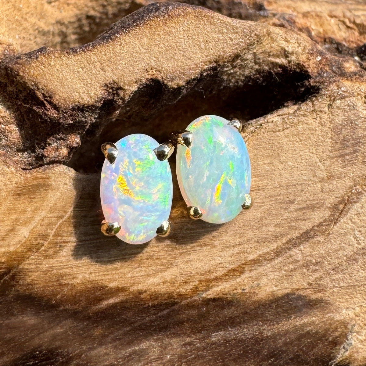 0.7ct Coober Pedy Opal Stud Earrings ~ 'Coolgardie Gold' | 14ct Yellow Gold | Solid Australian Opal