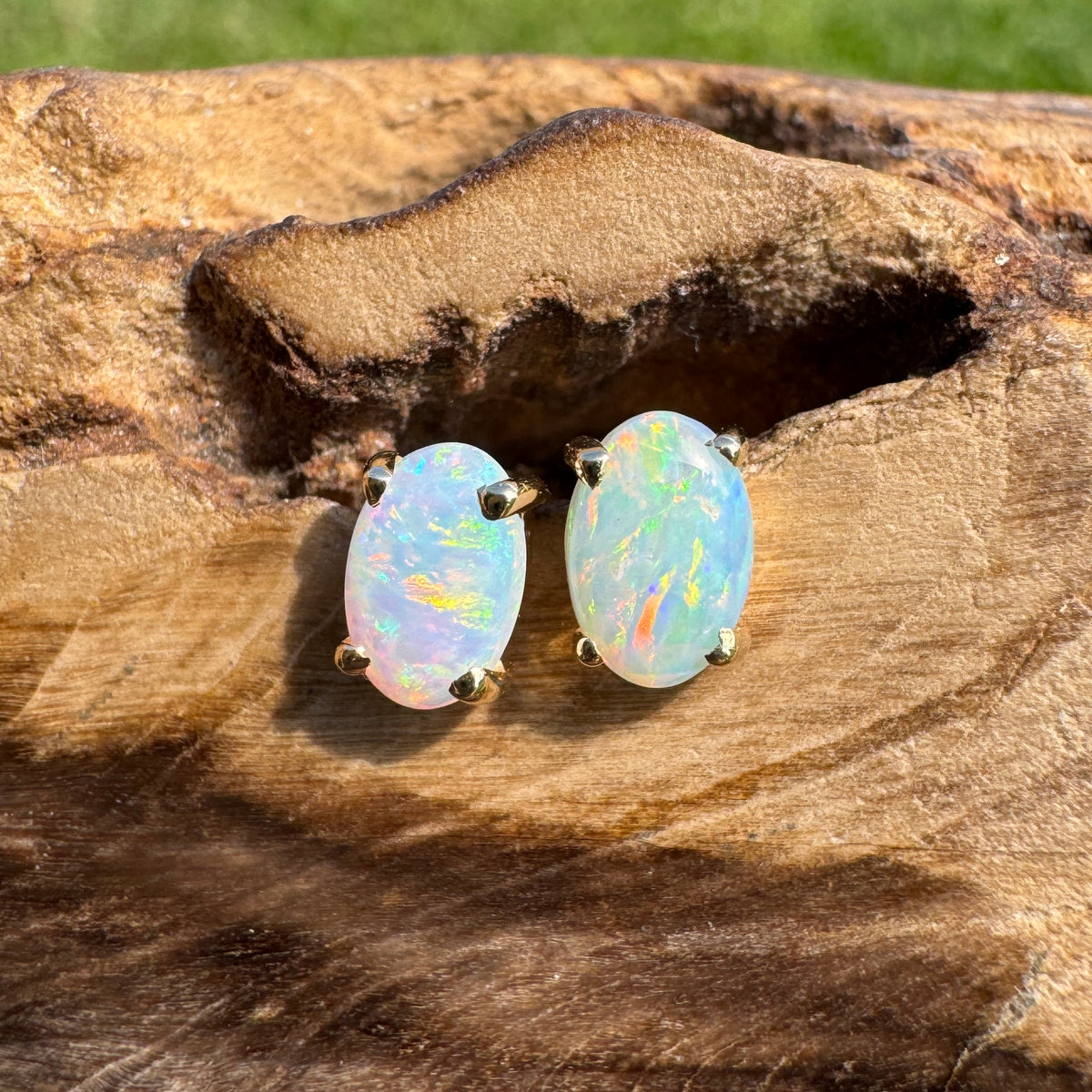 0.7ct Coober Pedy Opal Stud Earrings ~ 'Coolgardie Gold' | 14ct Yellow Gold | Solid Australian Opal