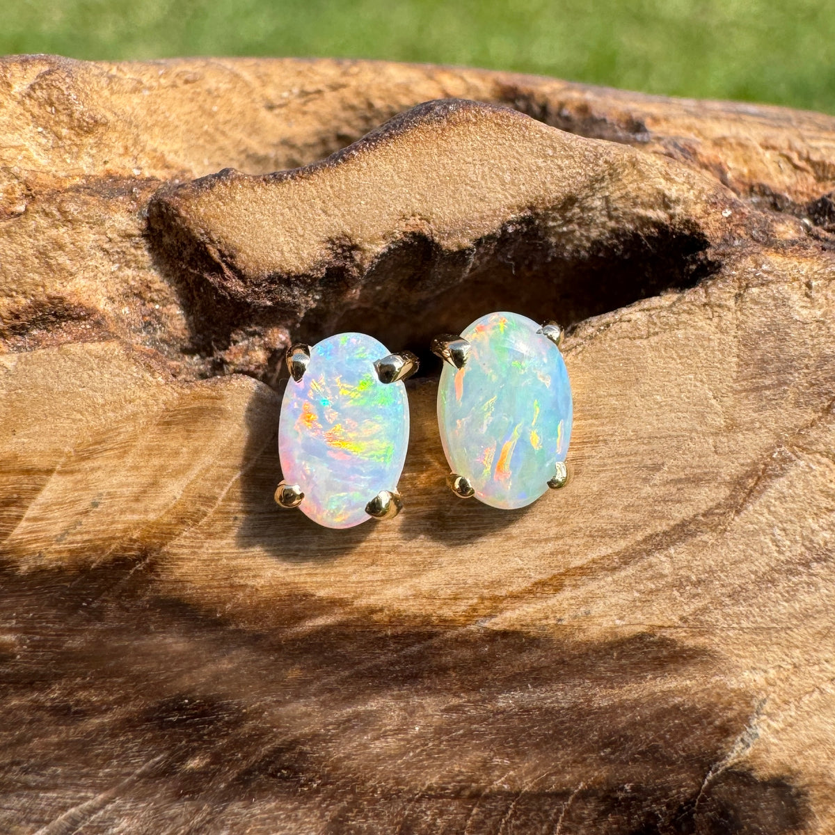 0.7ct Coober Pedy Opal Stud Earrings ~ 'Coolgardie Gold' | 14ct Yellow Gold | Solid Australian Opal