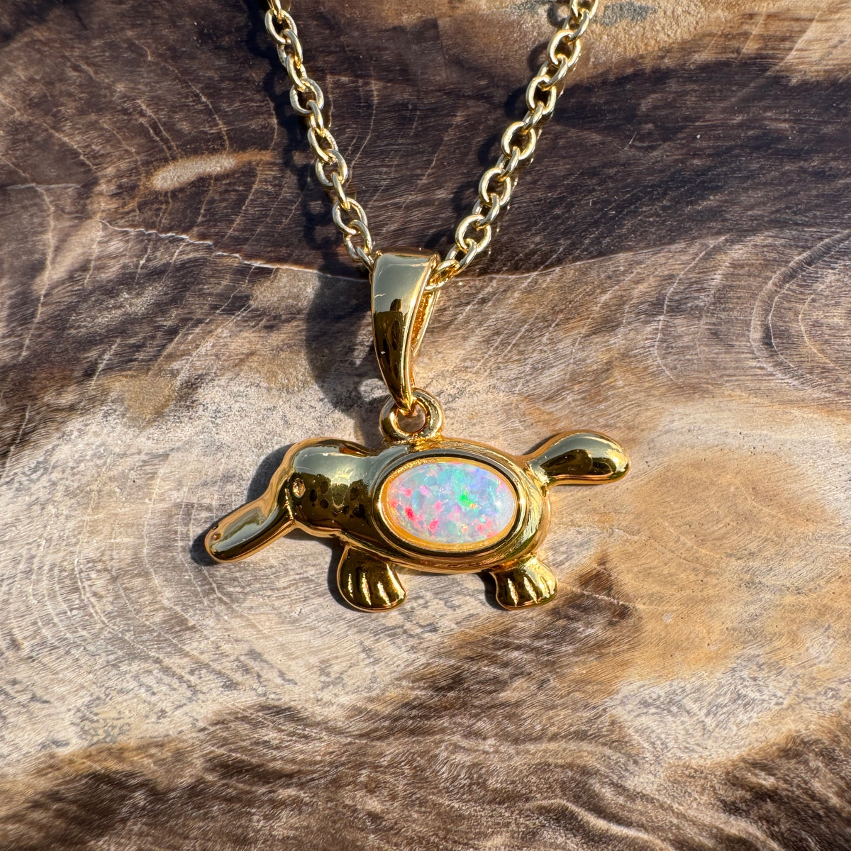0.3ct Coober Pedy Opal Platypus Pendant Necklace ~ 'Bombala Glow' | Yellow Gold Coated 925 Sterling Silver | Solid Australian Opal