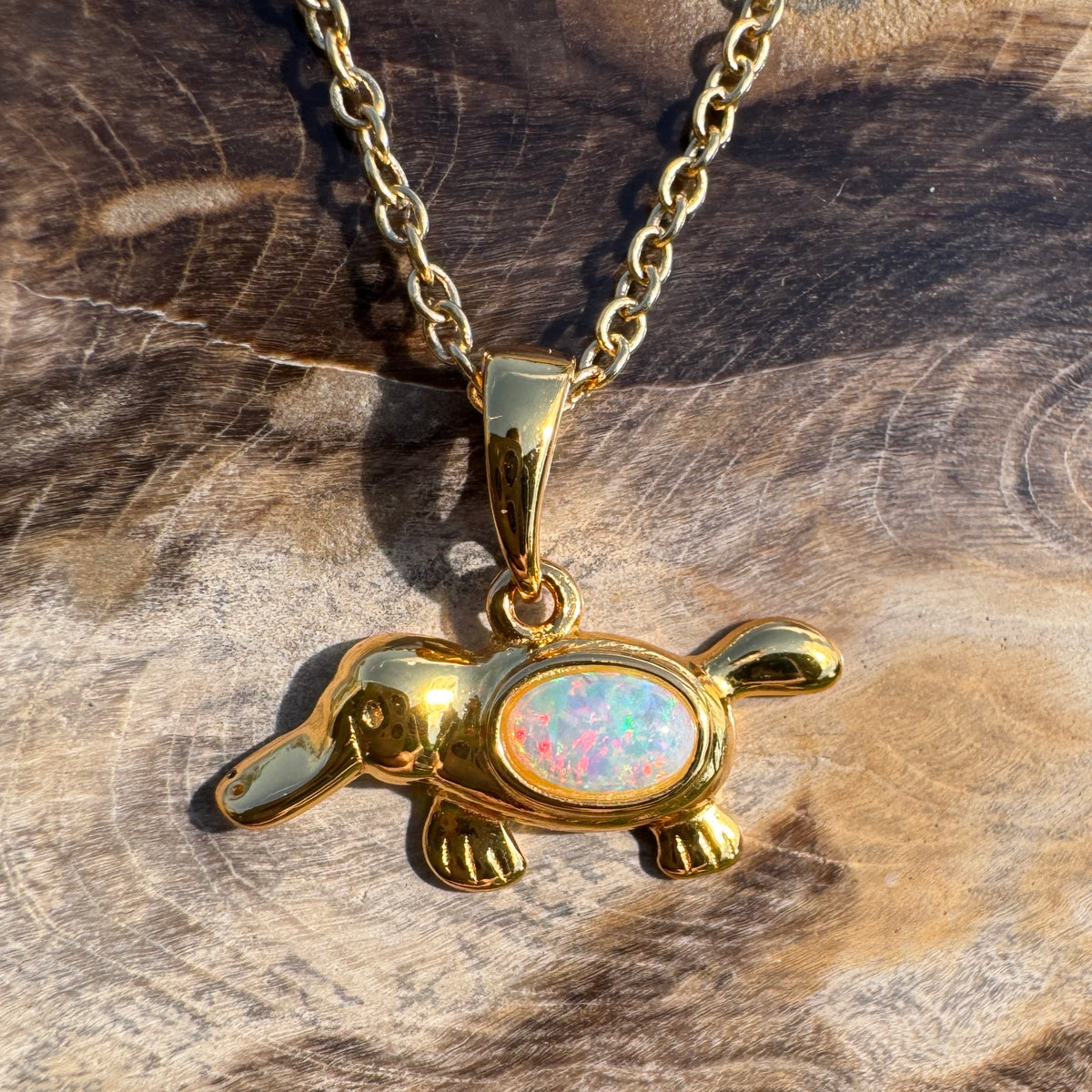 0.3ct Coober Pedy Opal Platypus Pendant Necklace ~ 'Bombala Glow' | Yellow Gold Coated 925 Sterling Silver | Solid Australian Opal
