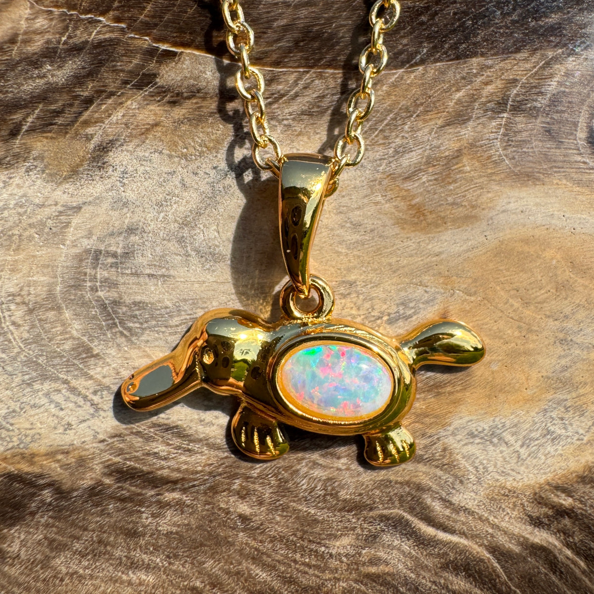 0.3ct Coober Pedy Opal Platypus Pendant Necklace ~ 'Bombala Glow' | Yellow Gold Coated 925 Sterling Silver | Solid Australian Opal