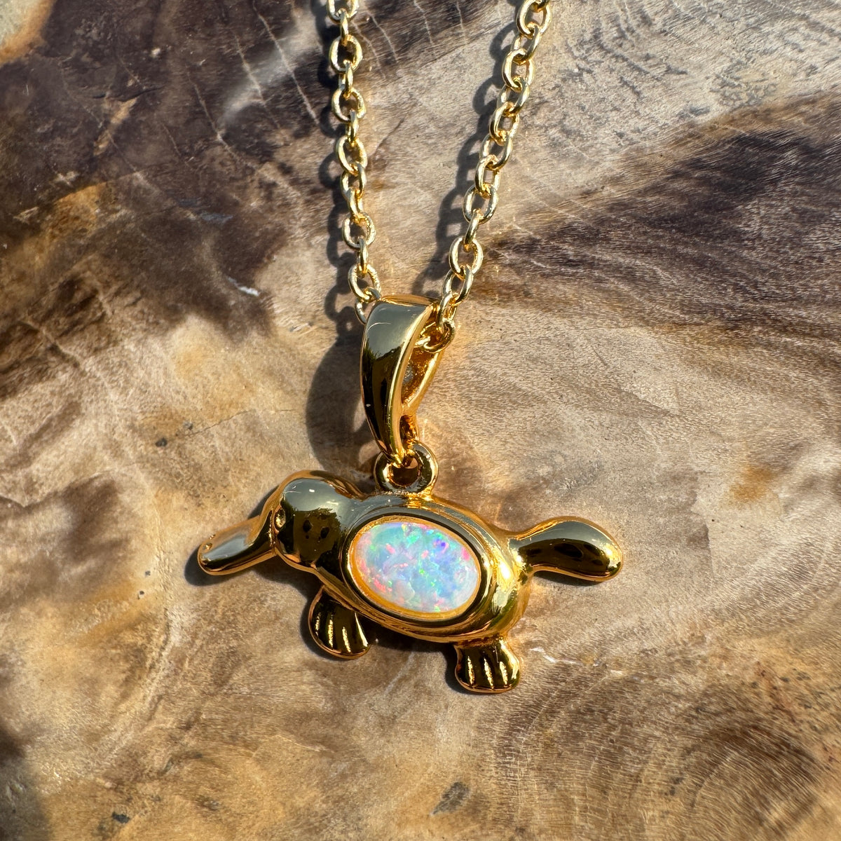 0.3ct Coober Pedy Opal Platypus Pendant Necklace ~ 'Bombala Glow' | Yellow Gold Coated 925 Sterling Silver | Solid Australian Opal