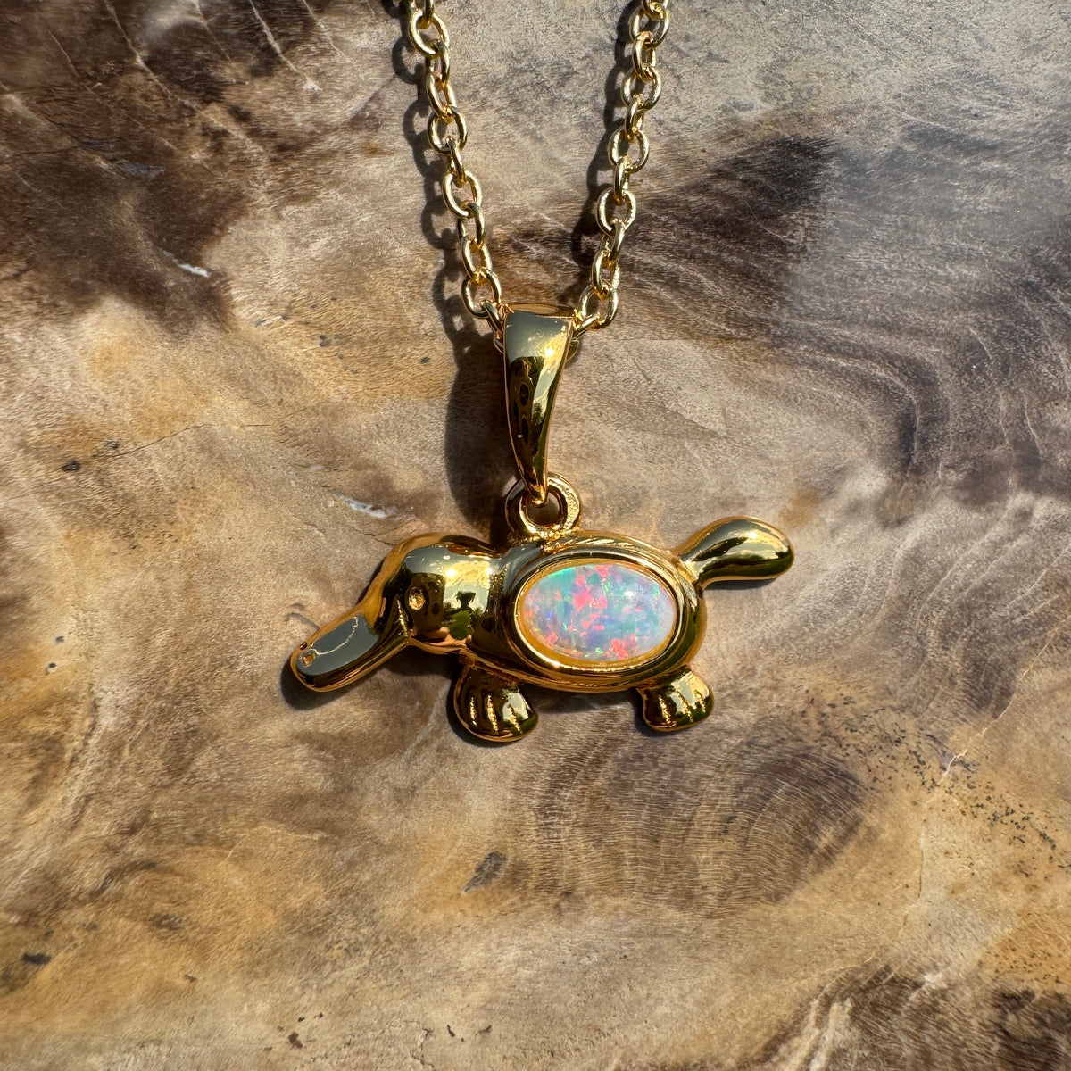 0.3ct Coober Pedy Opal Platypus Pendant Necklace ~ 'Bombala Glow' | Yellow Gold Coated 925 Sterling Silver | Solid Australian Opal
