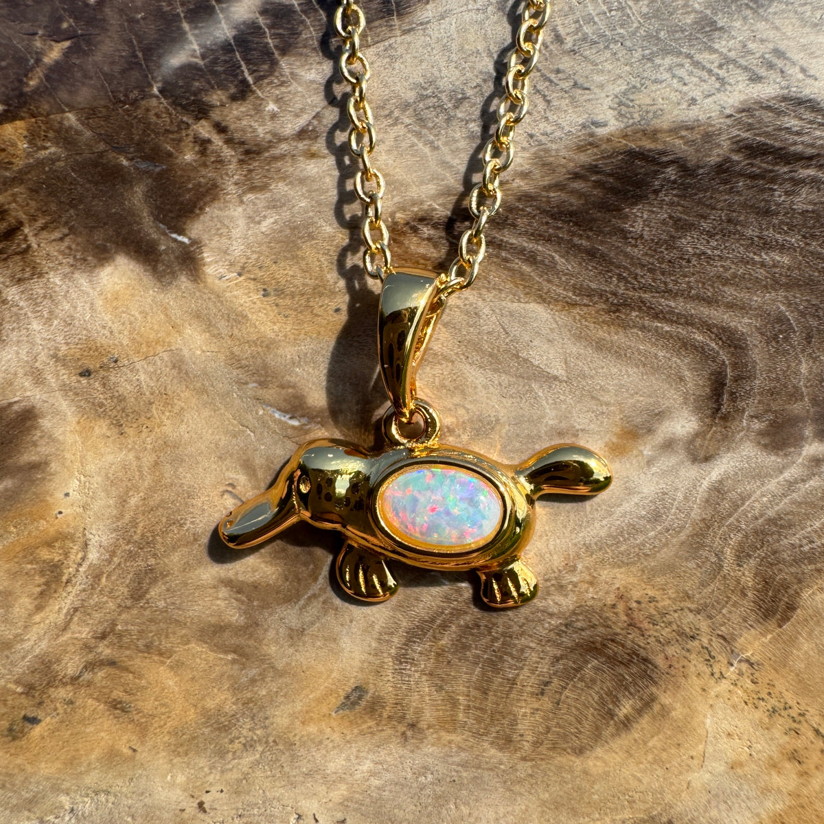 0.3ct Coober Pedy Opal Platypus Pendant Necklace ~ 'Bombala Glow' | Yellow Gold Coated 925 Sterling Silver | Solid Australian Opal