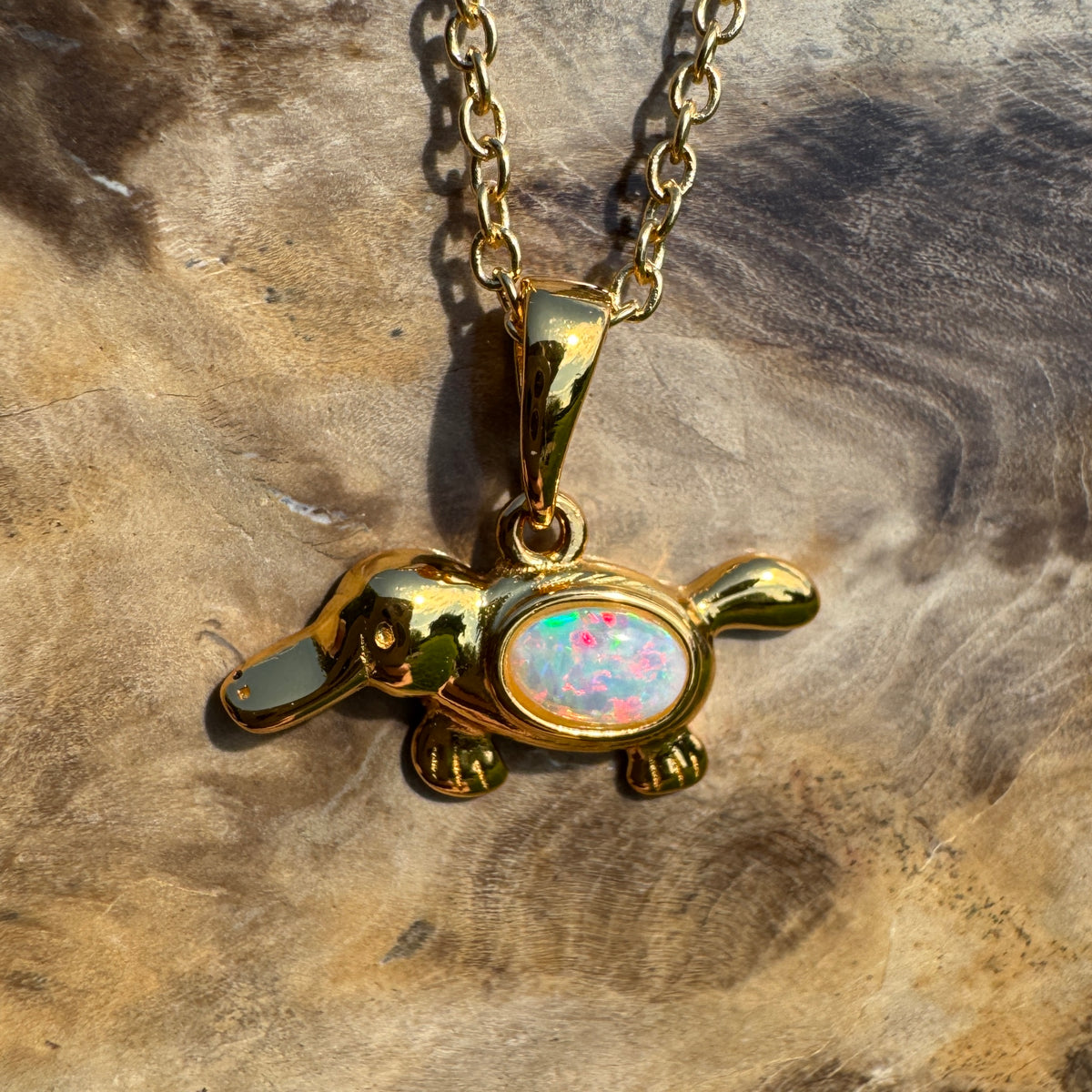0.3ct Coober Pedy Opal Platypus Pendant Necklace ~ 'Bombala Glow' | Yellow Gold Coated 925 Sterling Silver | Solid Australian Opal