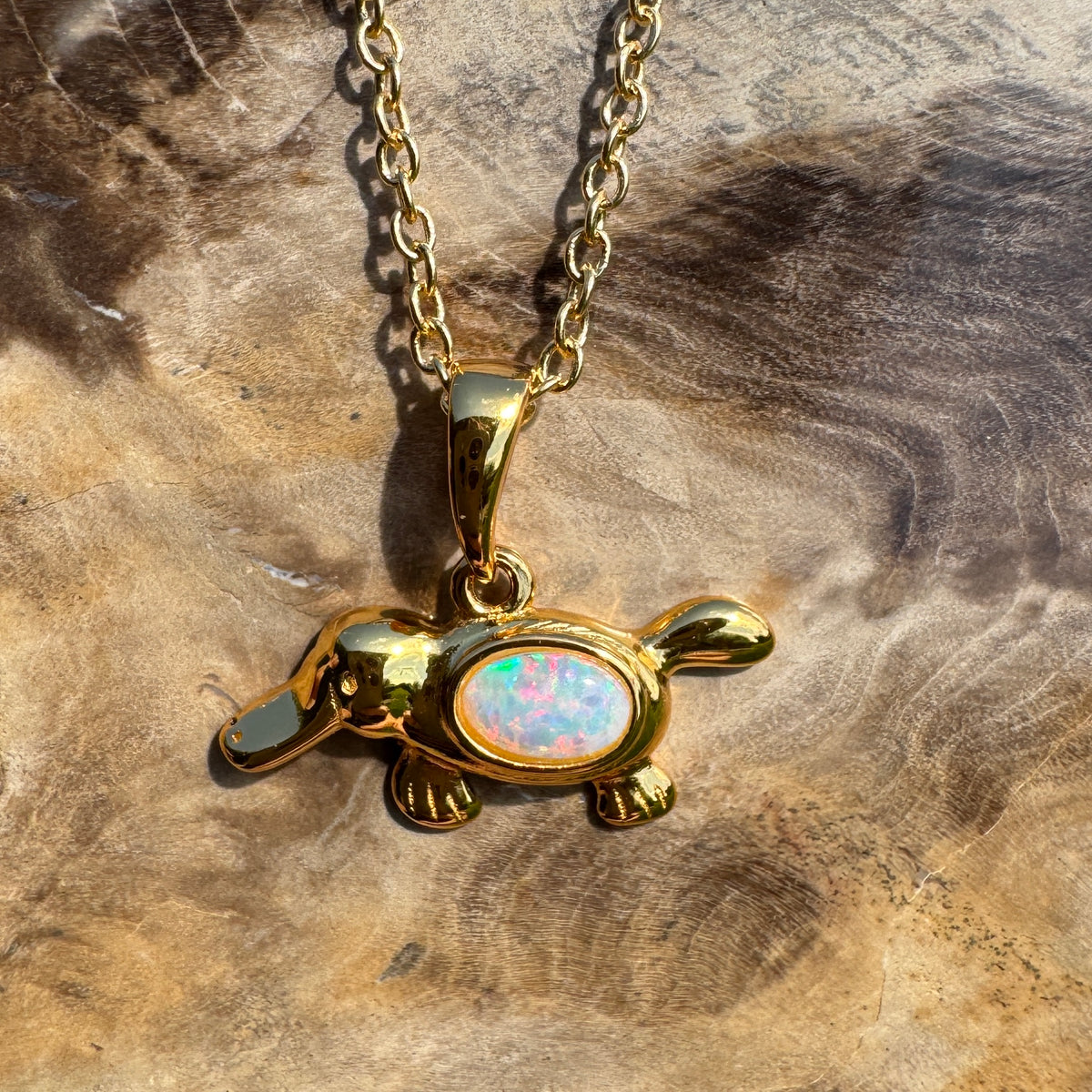 0.3ct Coober Pedy Opal Platypus Pendant Necklace ~ 'Bombala Glow' | Yellow Gold Coated 925 Sterling Silver | Solid Australian Opal