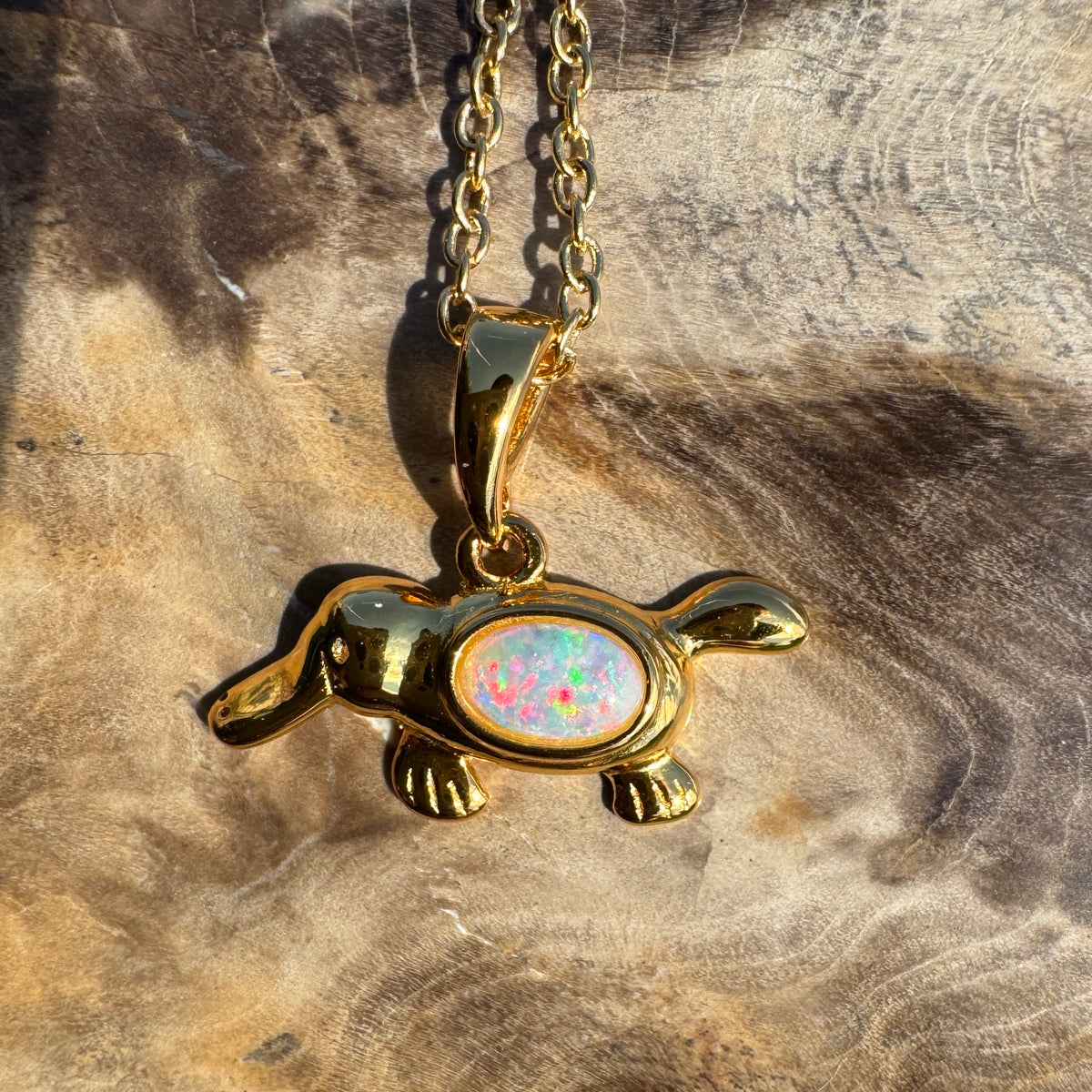 0.3ct Coober Pedy Opal Platypus Pendant Necklace ~ 'Bombala Glow' | Yellow Gold Coated 925 Sterling Silver | Solid Australian Opal