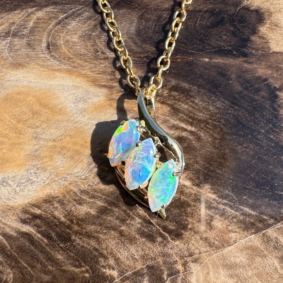 0.7ct Coober Pedy Crystal Opal Trio Pendant Necklace ~ 'Arkaroola Rainbow' | 14ct Yellow Gold | Solid Australian Opal