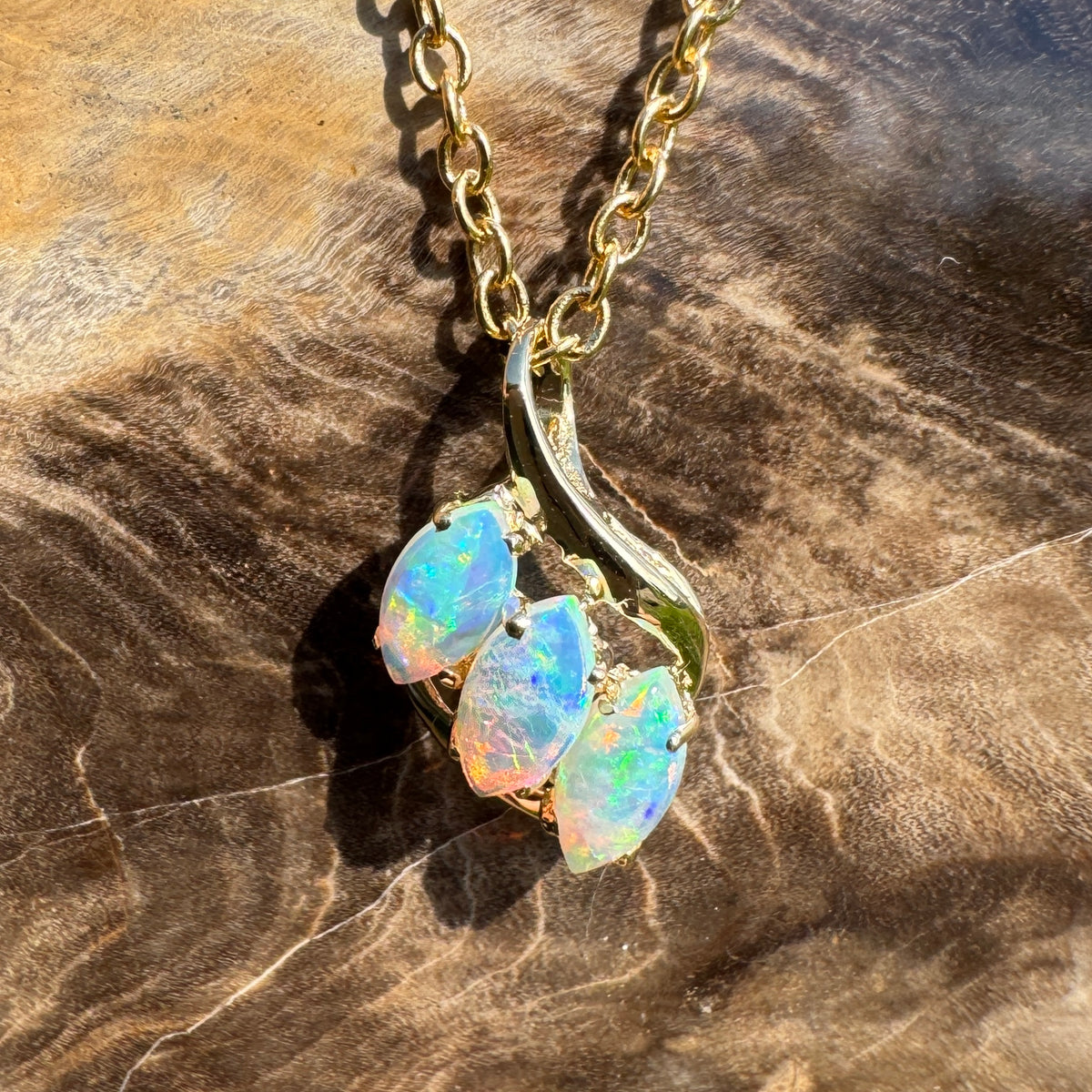 0.7ct Coober Pedy Crystal Opal Trio Pendant Necklace ~ 'Arkaroola Rainbow' | 14ct Yellow Gold | Solid Australian Opal
