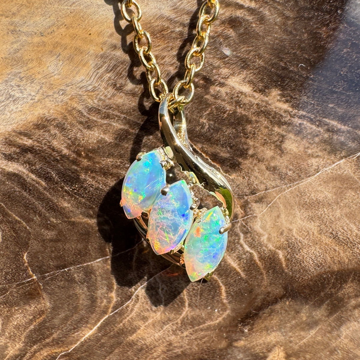 0.7ct Coober Pedy Crystal Opal Trio Pendant Necklace ~ 'Arkaroola Rainbow' | 14ct Yellow Gold | Solid Australian Opal