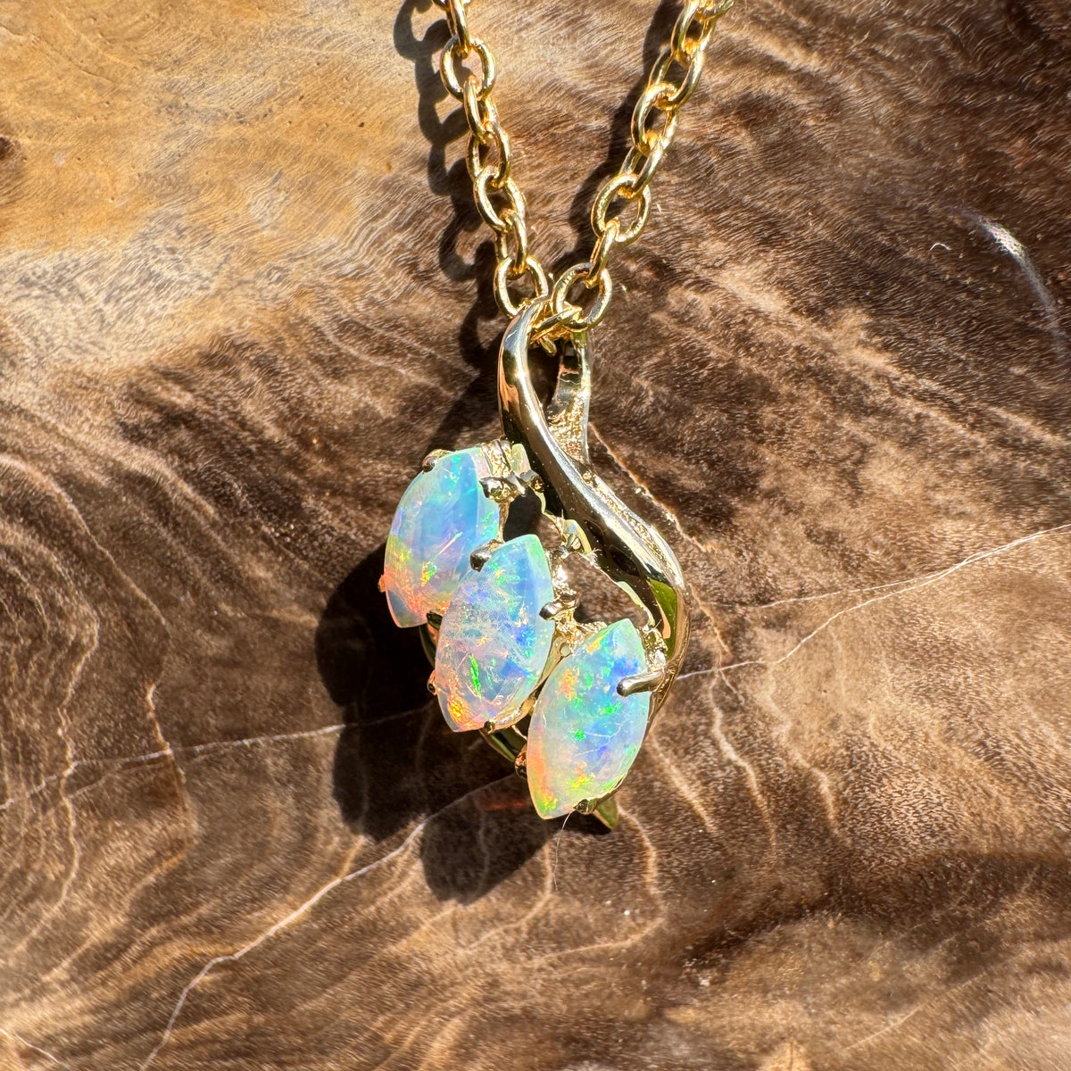 0.7ct Coober Pedy Crystal Opal Trio Pendant Necklace ~ 'Arkaroola Rainbow' | 14ct Yellow Gold | Solid Australian Opal