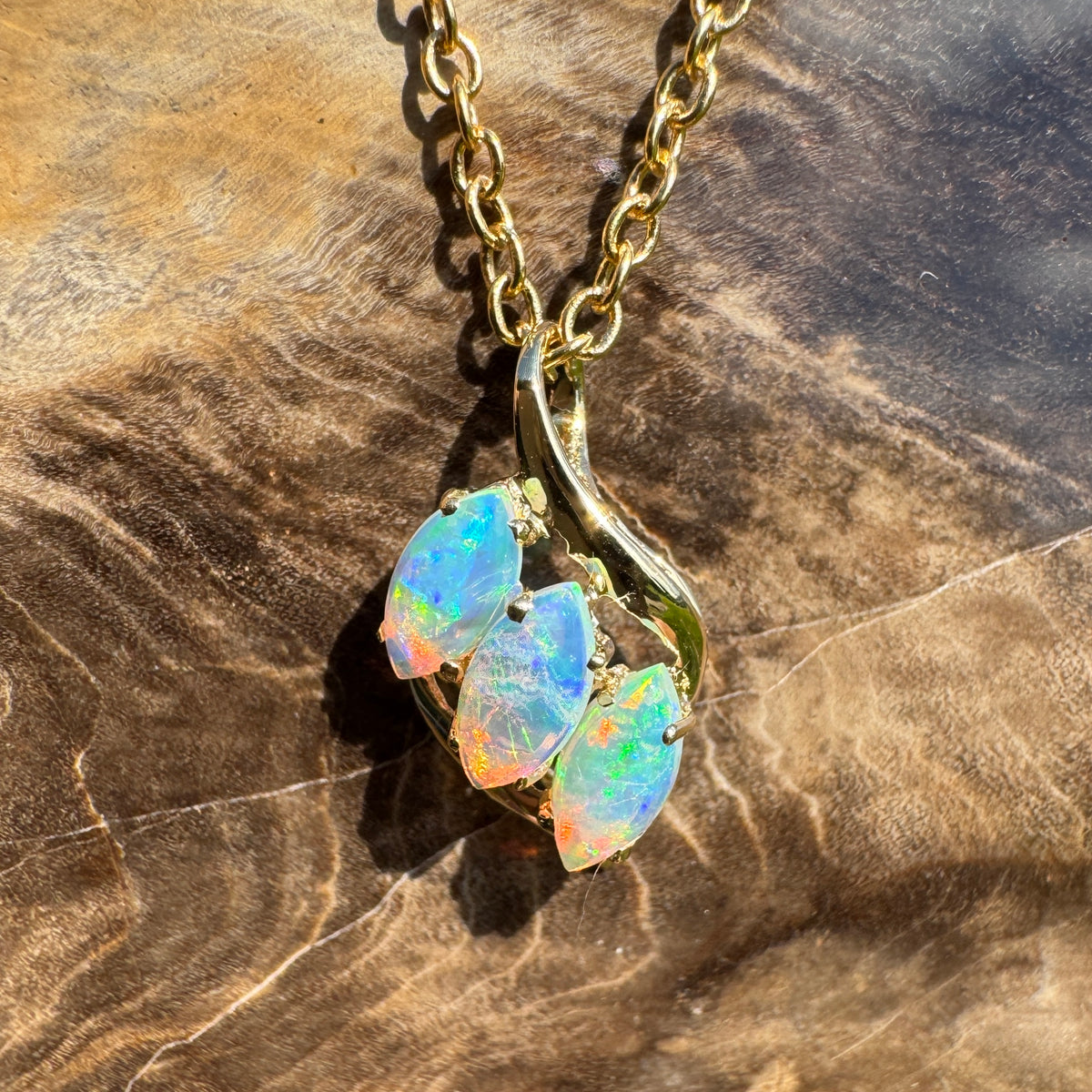 0.7ct Coober Pedy Crystal Opal Trio Pendant Necklace ~ 'Arkaroola Rainbow' | 14ct Yellow Gold | Solid Australian Opal