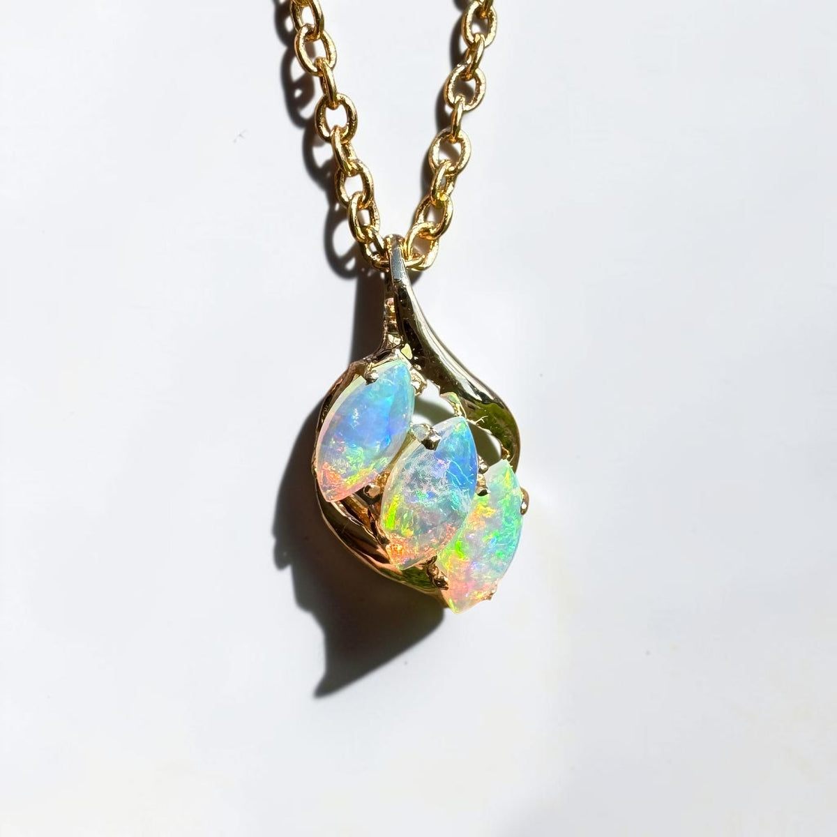 0.7ct Coober Pedy Crystal Opal Trio Pendant Necklace ~ 'Arkaroola Rainbow' | 14ct Yellow Gold | Solid Australian Opal