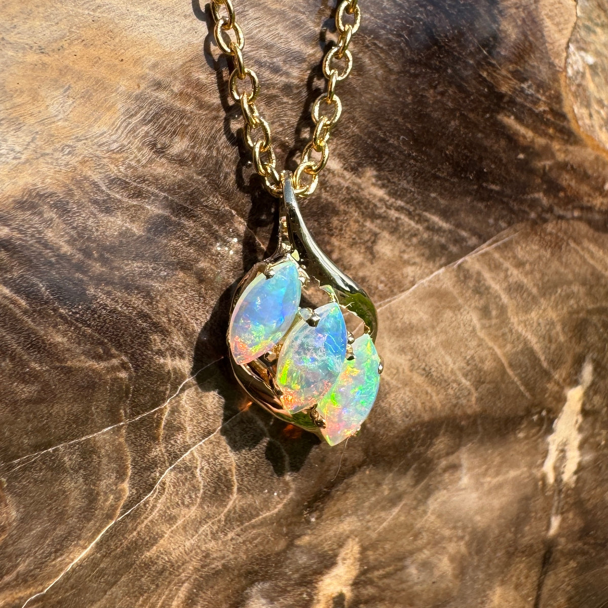 0.7ct Coober Pedy Crystal Opal Trio Pendant Necklace ~ 'Arkaroola Rainbow' | 14ct Yellow Gold | Solid Australian Opal