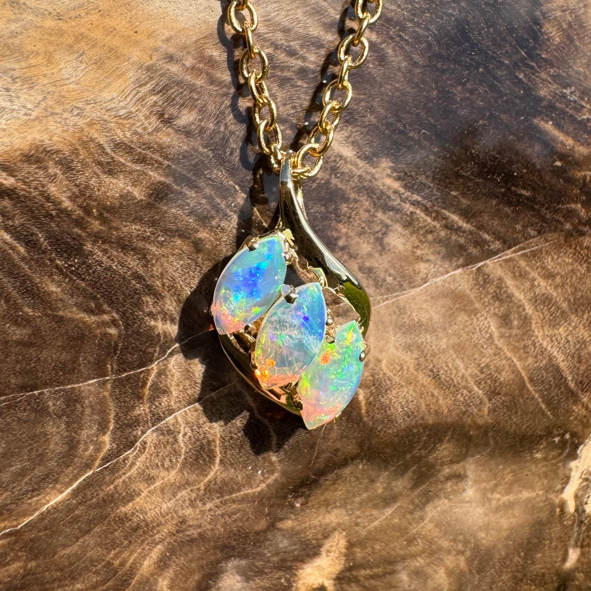 0.7ct Coober Pedy Crystal Opal Trio Pendant Necklace ~ 'Arkaroola Rainbow' | 14ct Yellow Gold | Solid Australian Opal