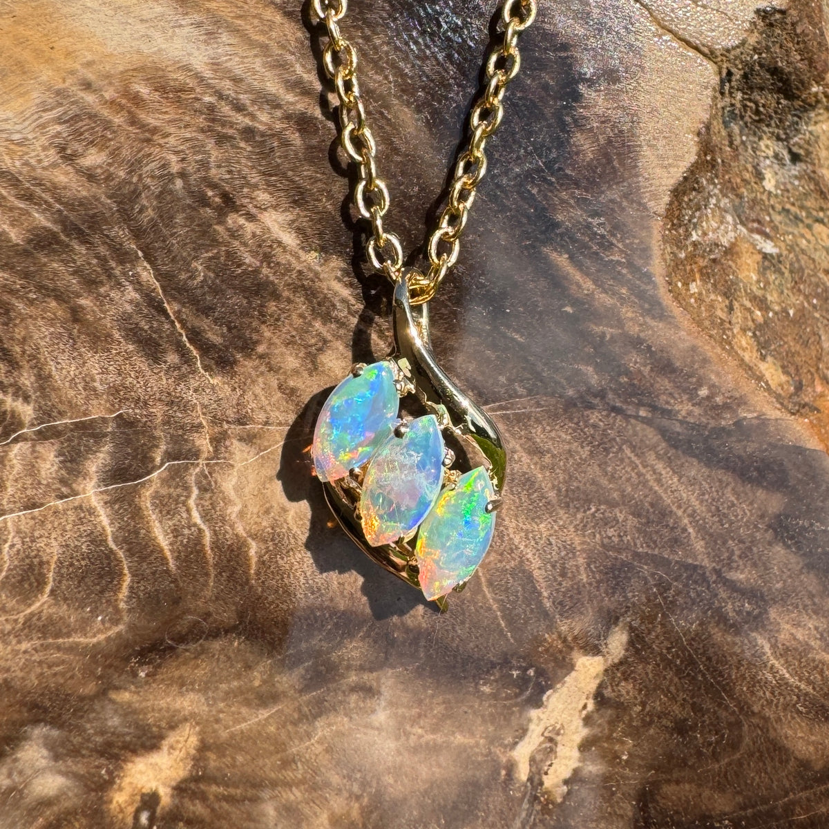 0.7ct Coober Pedy Crystal Opal Trio Pendant Necklace ~ 'Arkaroola Rainbow' | 14ct Yellow Gold | Solid Australian Opal
