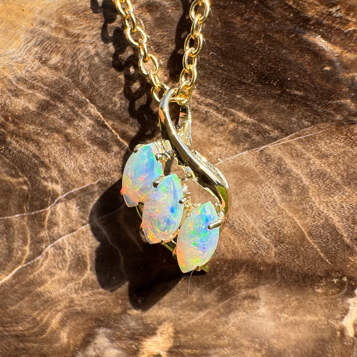 0.7ct Coober Pedy Crystal Opal Trio Pendant Necklace ~ 'Arkaroola Rainbow' | 14ct Yellow Gold | Solid Australian Opal