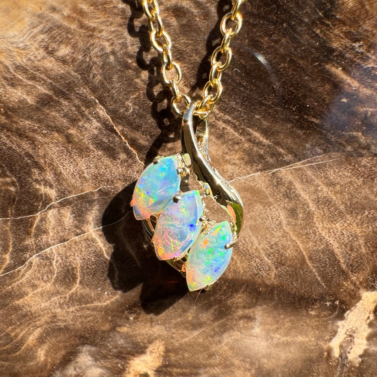 0.7ct Coober Pedy Crystal Opal Trio Pendant Necklace ~ 'Arkaroola Rainbow' | 14ct Yellow Gold | Solid Australian Opal