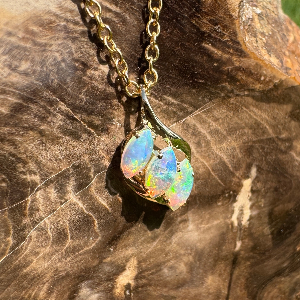 0.7ct Coober Pedy Crystal Opal Trio Pendant Necklace ~ 'Arkaroola Rainbow' | 14ct Yellow Gold | Solid Australian Opal