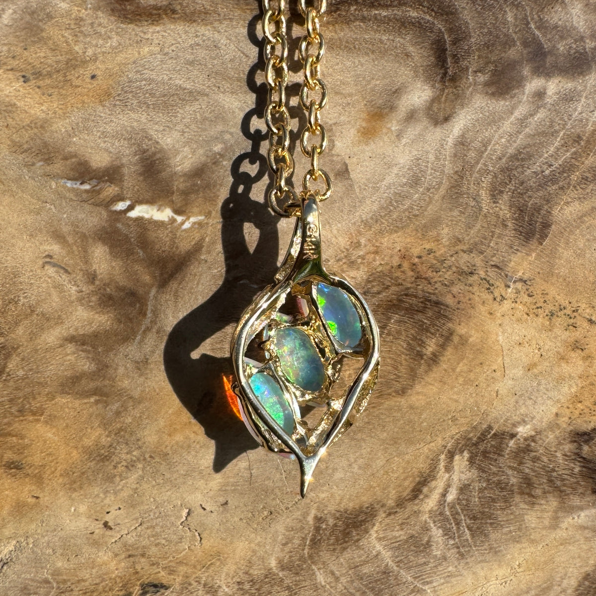 0.7ct Coober Pedy Crystal Opal Trio Pendant Necklace ~ 'Arkaroola Rainbow' | 14ct Yellow Gold | Solid Australian Opal