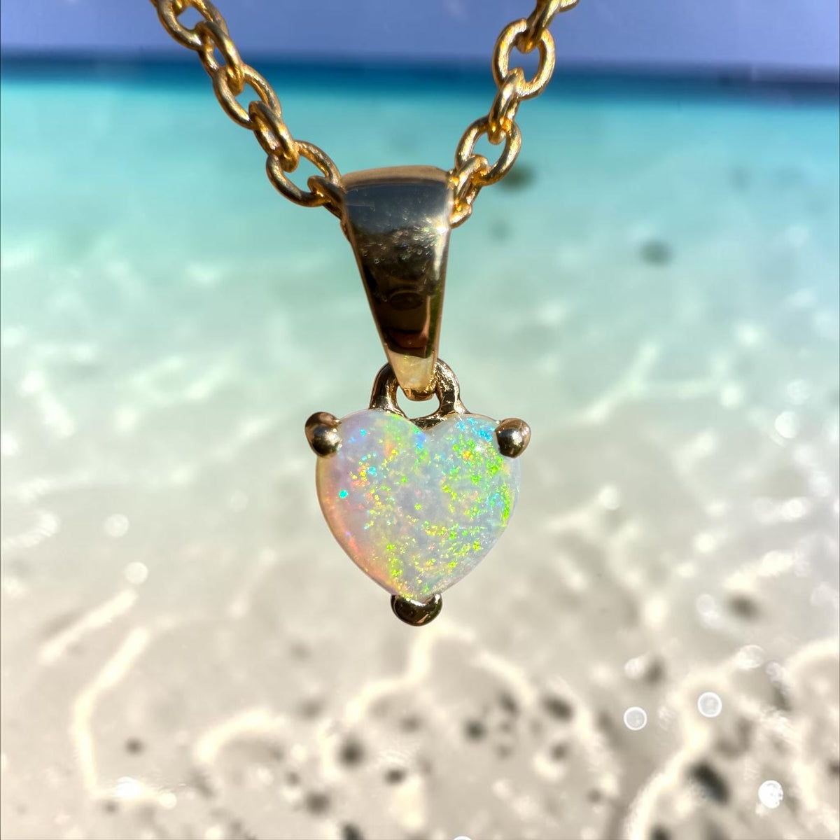 0.5ct Coober Pedy Opal Heart Pendant Necklace ~ 'Kiama Blowhole Blues' | 14ct Yellow Gold | Solid Australian Opal