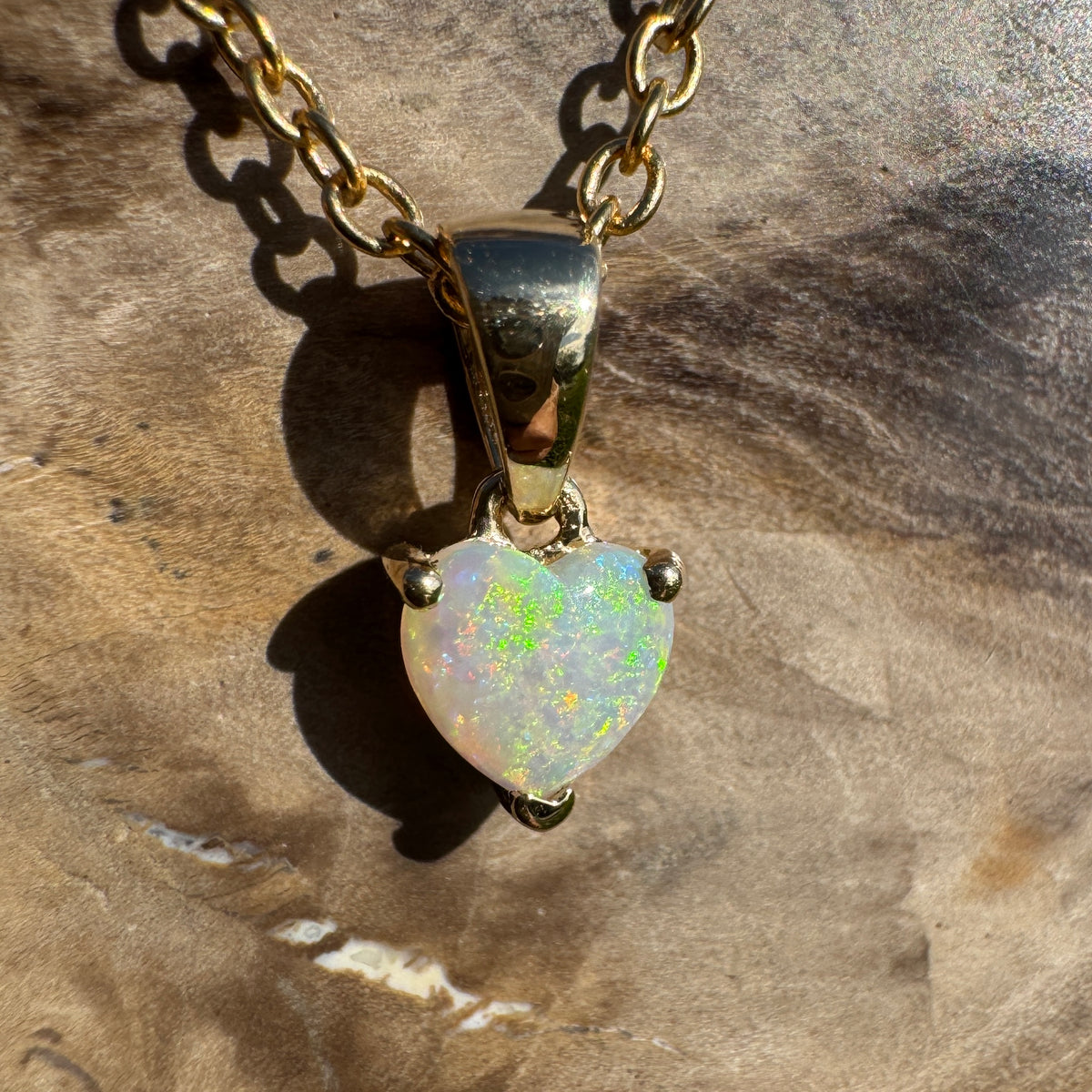 0.5ct Coober Pedy Opal Heart Pendant Necklace ~ 'Kiama Blowhole Blues' | 14ct Yellow Gold | Solid Australian Opal