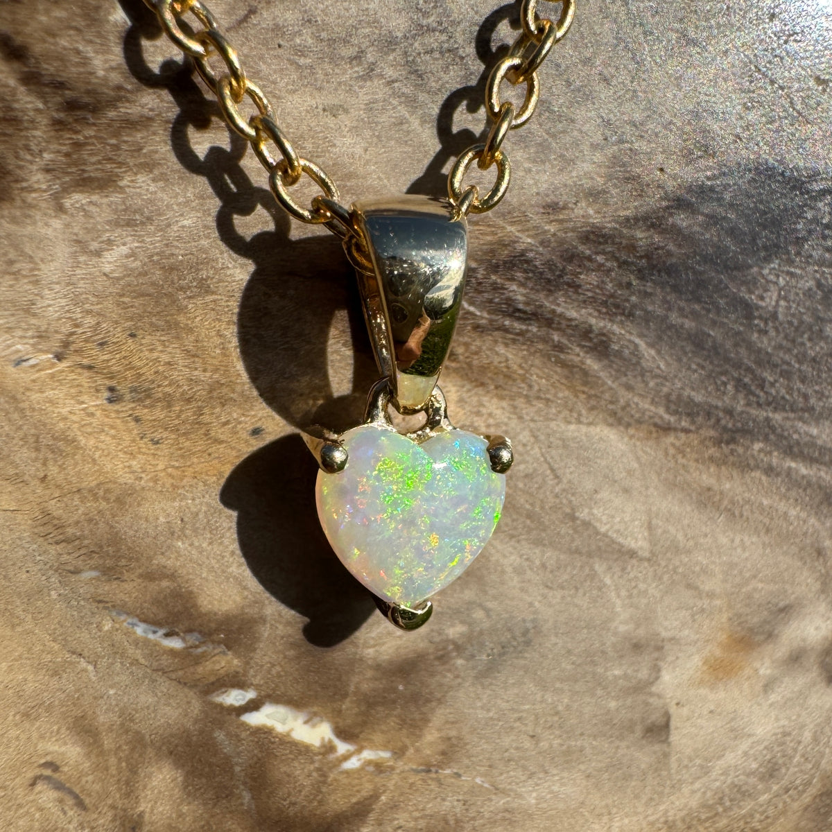 0.5ct Coober Pedy Opal Heart Pendant Necklace ~ 'Kiama Blowhole Blues' | 14ct Yellow Gold | Solid Australian Opal