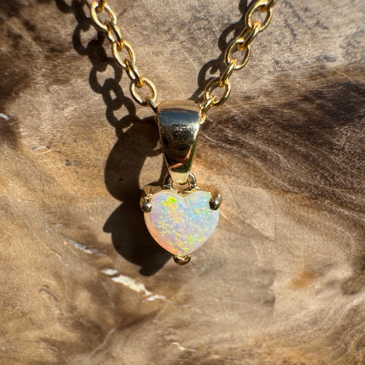 0.5ct Coober Pedy Opal Heart Pendant Necklace ~ 'Kiama Blowhole Blues' | 14ct Yellow Gold | Solid Australian Opal