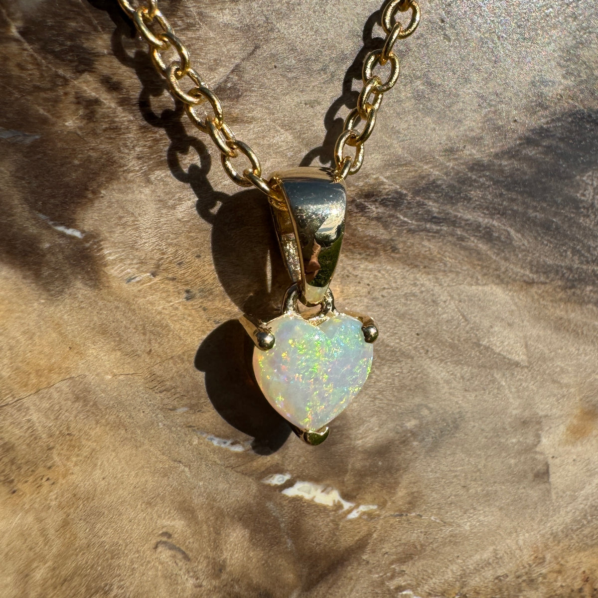 0.5ct Coober Pedy Opal Heart Pendant Necklace ~ 'Kiama Blowhole Blues' | 14ct Yellow Gold | Solid Australian Opal