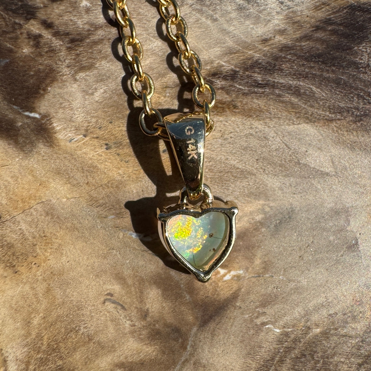 0.5ct Coober Pedy Opal Heart Pendant Necklace ~ 'Kiama Blowhole Blues' | 14ct Yellow Gold | Solid Australian Opal