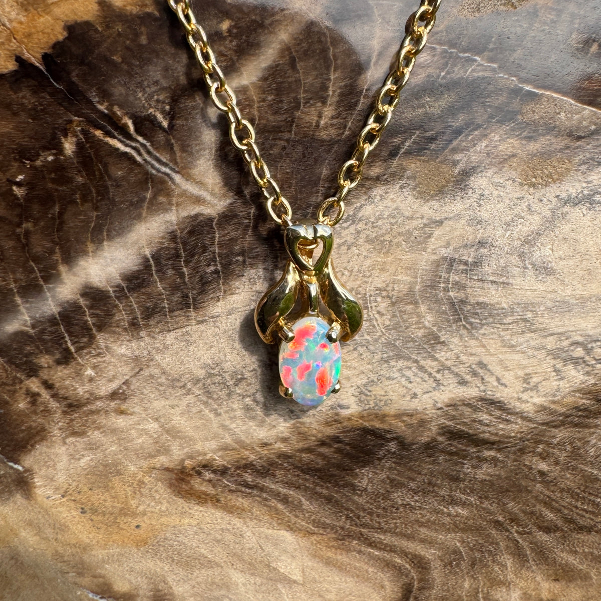 0.3ct Coober Pedy Opal Pendant Necklace ~ 'Cape York Firelight' | 14ct Yellow Gold | Solid Australian Opal