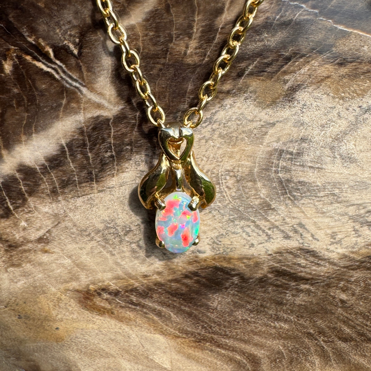 0.3ct Coober Pedy Opal Pendant Necklace ~ 'Cape York Firelight' | 14ct Yellow Gold | Solid Australian Opal