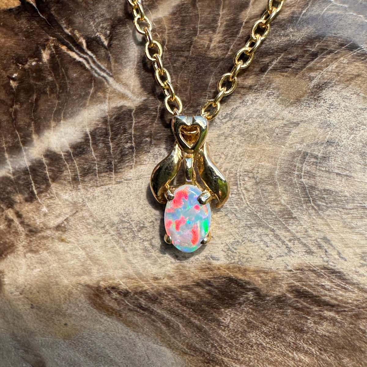 0.3ct Coober Pedy Opal Pendant Necklace ~ 'Cape York Firelight' | 14ct Yellow Gold | Solid Australian Opal