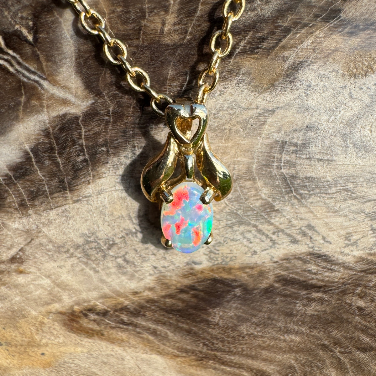 0.3ct Coober Pedy Opal Pendant Necklace ~ 'Cape York Firelight' | 14ct Yellow Gold | Solid Australian Opal