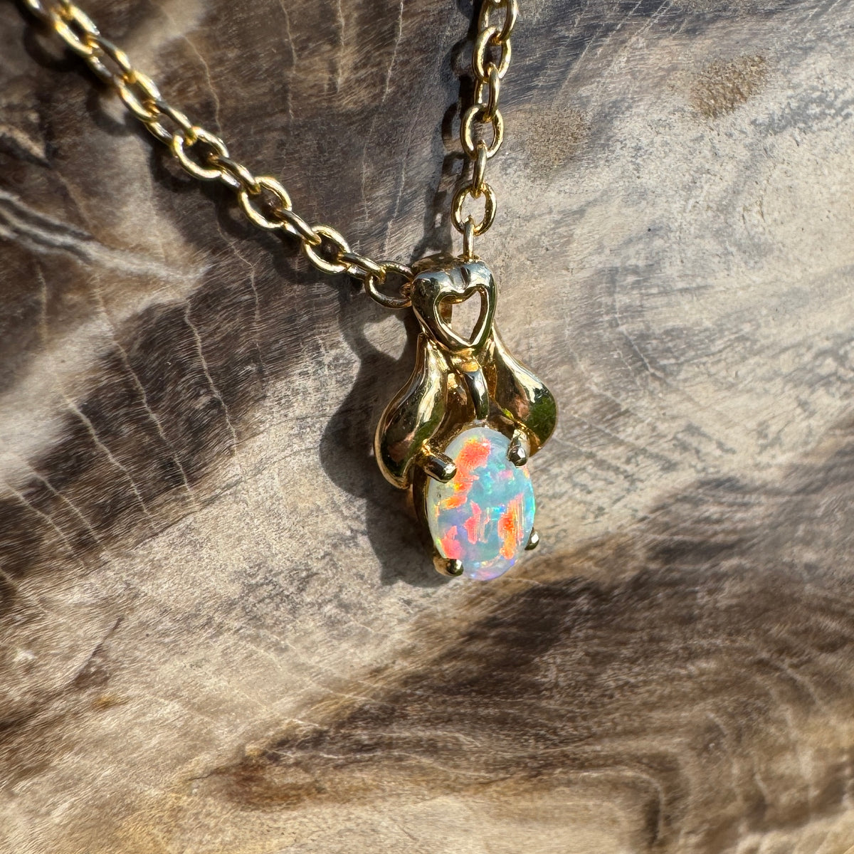0.3ct Coober Pedy Opal Pendant Necklace ~ 'Cape York Firelight' | 14ct Yellow Gold | Solid Australian Opal