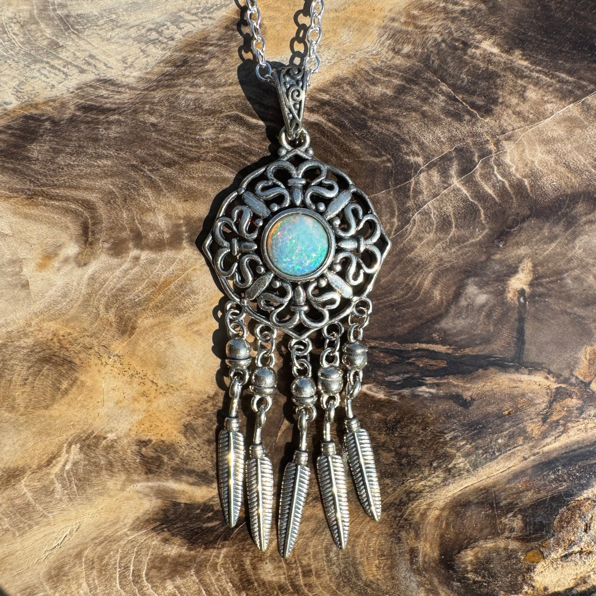 0.4ct Coober Pedy Opal Dreamcatcher Pendant Necklace ~ 'Kuranda Dreamcatcher' | 925 Sterling Silver | Solid Australian Opal
