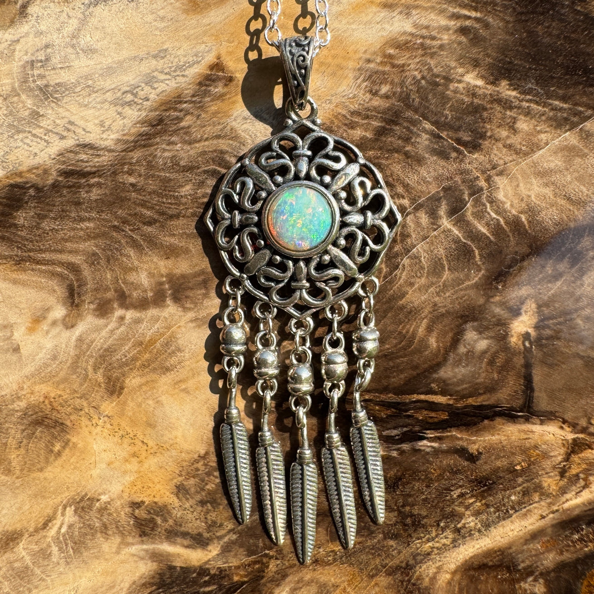0.4ct Coober Pedy Opal Dreamcatcher Pendant Necklace ~ 'Kuranda Dreamcatcher' | 925 Sterling Silver | Solid Australian Opal