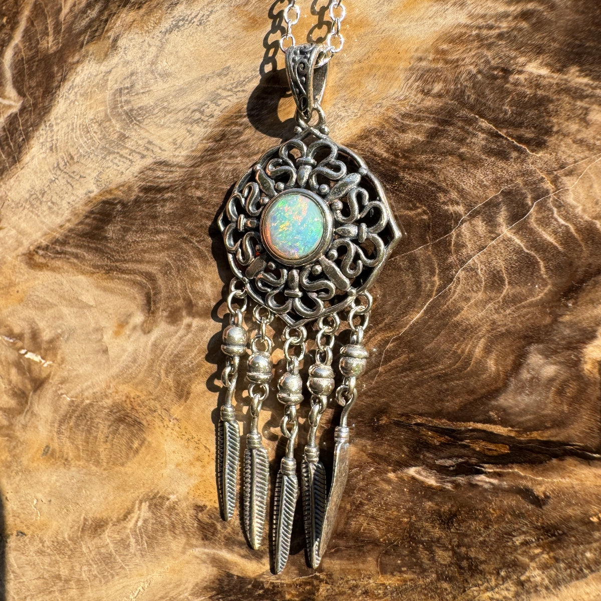 0.4ct Coober Pedy Opal Dreamcatcher Pendant Necklace ~ 'Kuranda Dreamcatcher' | 925 Sterling Silver | Solid Australian Opal