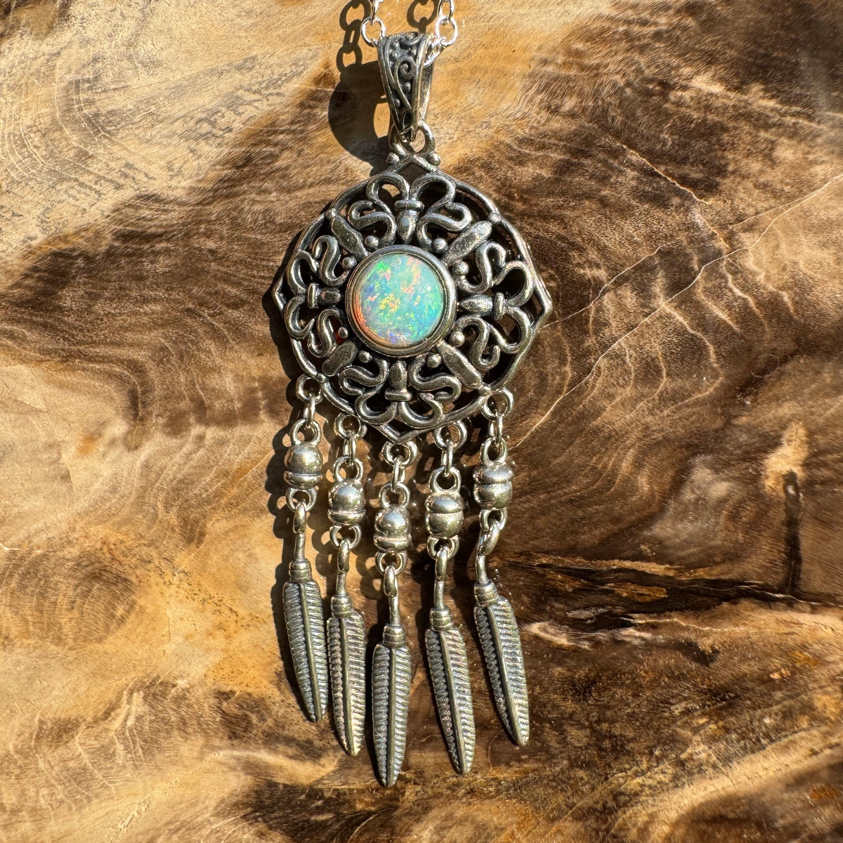 0.4ct Coober Pedy Opal Dreamcatcher Pendant Necklace ~ 'Kuranda Dreamcatcher' | 925 Sterling Silver | Solid Australian Opal