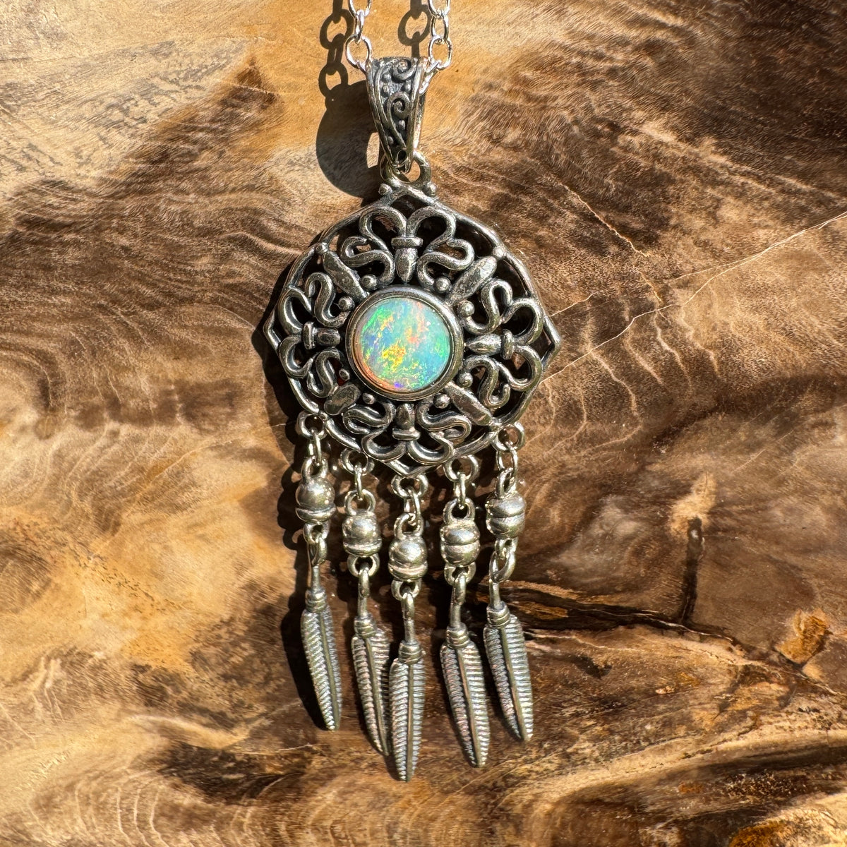 0.4ct Coober Pedy Opal Dreamcatcher Pendant Necklace ~ 'Kuranda Dreamcatcher' | 925 Sterling Silver | Solid Australian Opal