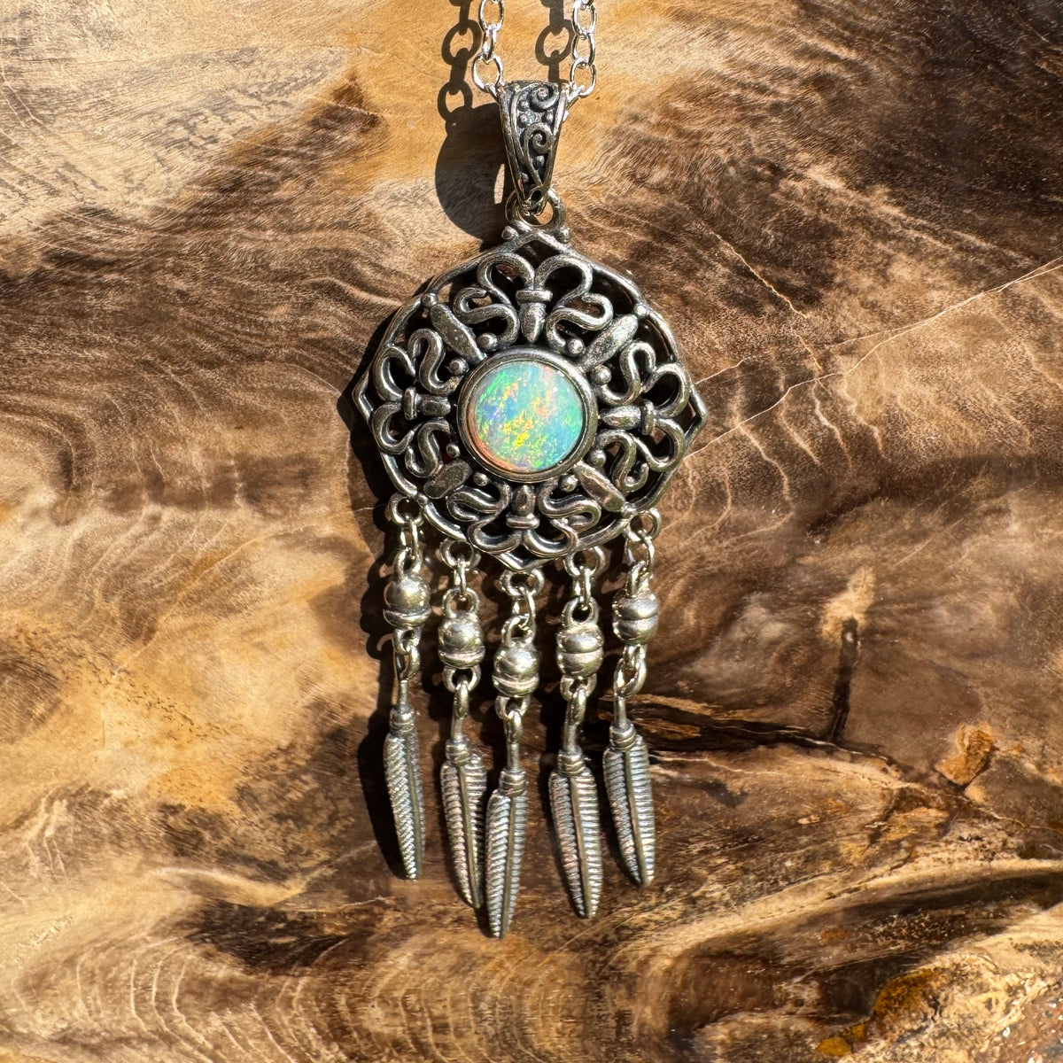 0.4ct Coober Pedy Opal Dreamcatcher Pendant Necklace ~ 'Kuranda Dreamcatcher' | 925 Sterling Silver | Solid Australian Opal