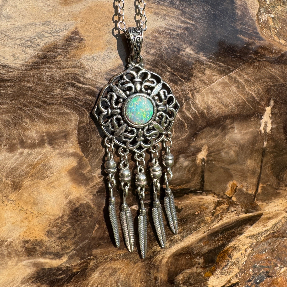 0.4ct Coober Pedy Opal Dreamcatcher Pendant Necklace ~ 'Kuranda Dreamcatcher' | 925 Sterling Silver | Solid Australian Opal