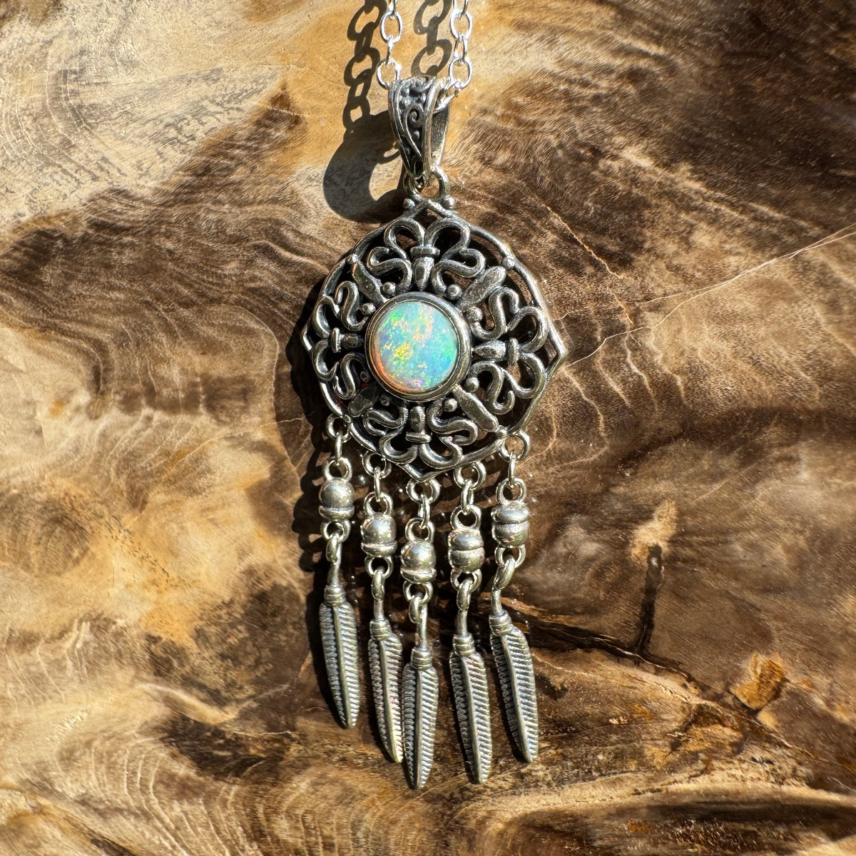 0.4ct Coober Pedy Opal Dreamcatcher Pendant Necklace ~ 'Kuranda Dreamcatcher' | 925 Sterling Silver | Solid Australian Opal