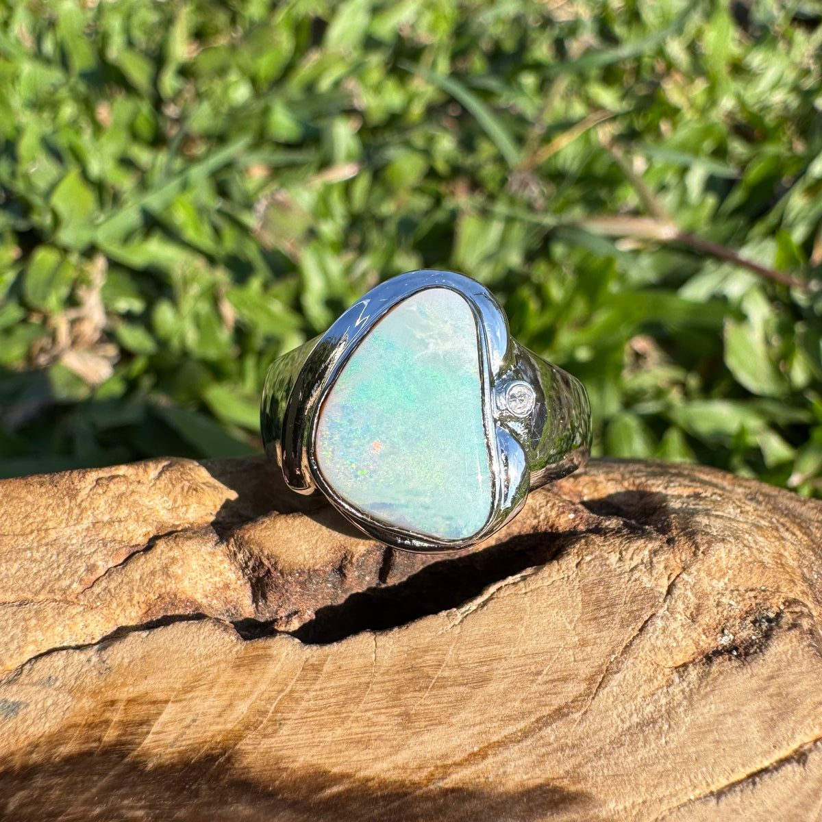 1.3ct Coober Pedy Opal Ring ~ 'Tessellated Pavement Greens' | 925 Sterling Silver | Solid Australian Opal